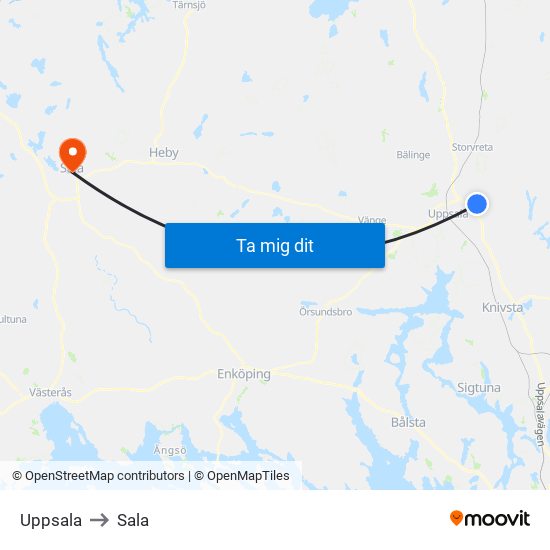 Uppsala to Sala map