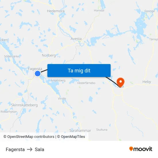 Fagersta to Sala map
