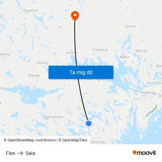 Flen to Sala map