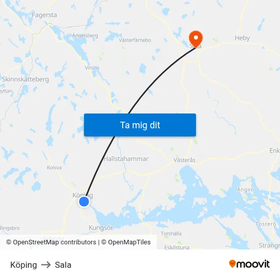 Köping to Sala map