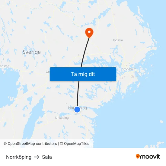 Norrköping to Sala map