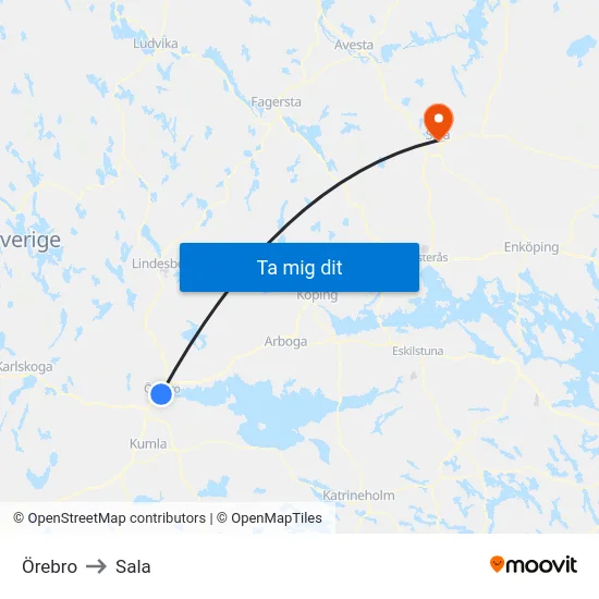 Örebro to Sala map