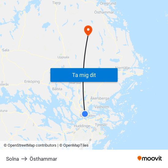 Solna to Östhammar map