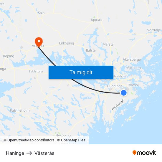 Haninge to Västerås map