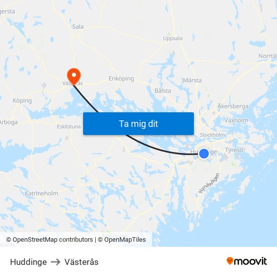 Huddinge to Västerås map