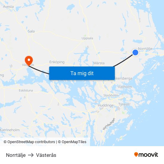 Norrtälje to Västerås map