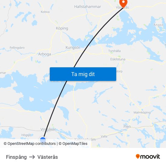 Finspång to Västerås map