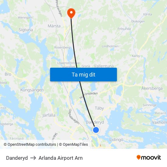 Danderyd to Arlanda Airport Arn map