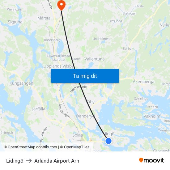 Lidingö to Arlanda Airport Arn map