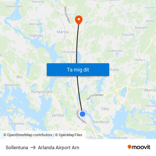 Sollentuna to Arlanda Airport Arn map