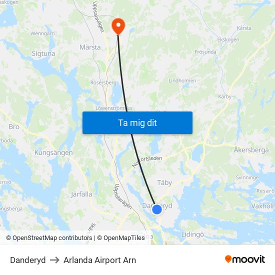 Danderyd to Arlanda Airport Arn map