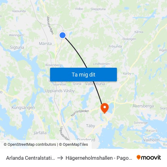 Arlanda Centralstation to Hägerneholmshallen - Pagoden map