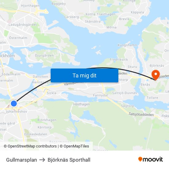 Gullmarsplan to Björknäs Sporthall map