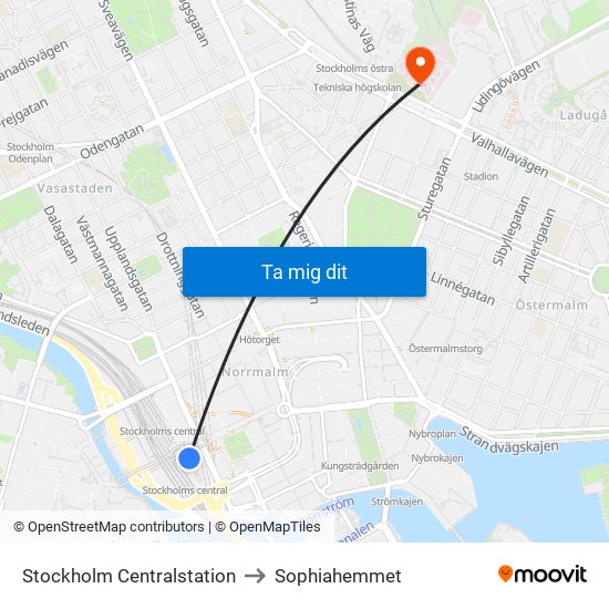 Stockholm Centralstation to Sophiahemmet map