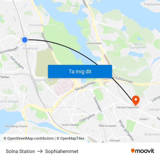 Solna Station to Sophiahemmet map