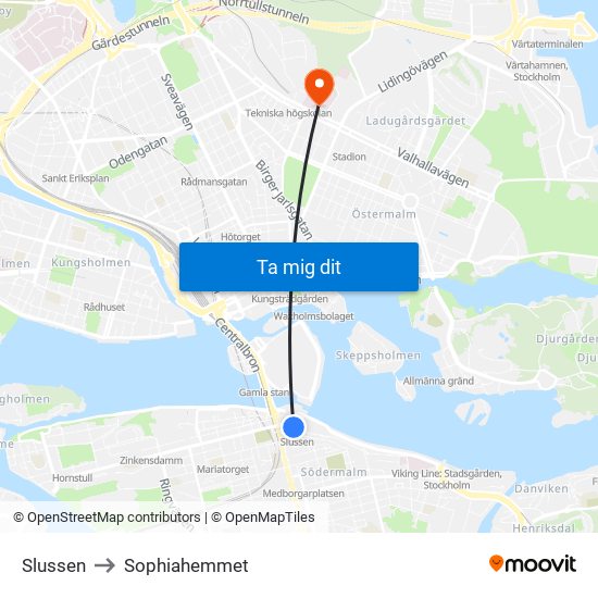 Slussen to Sophiahemmet map
