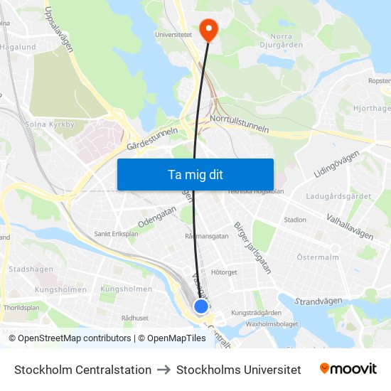 Stockholm Centralstation to Stockholms Universitet map