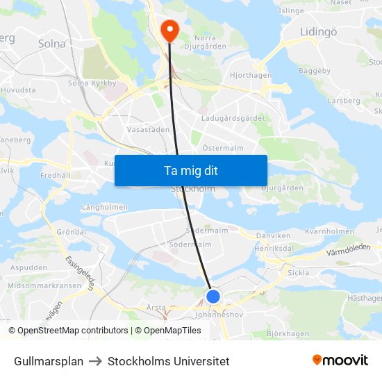 Gullmarsplan to Stockholms Universitet map