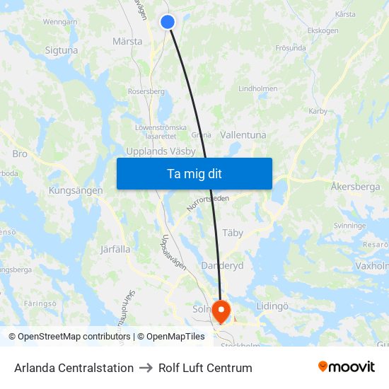 Arlanda Centralstation to Rolf Luft Centrum map