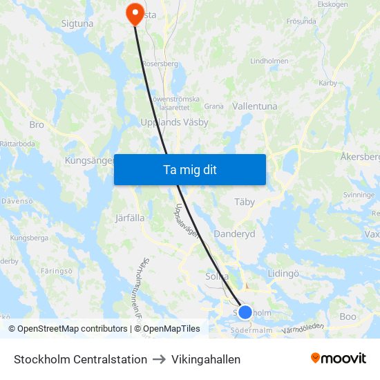 Stockholm Centralstation to Vikingahallen map