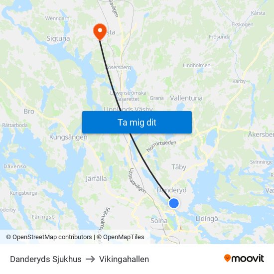 Danderyds Sjukhus to Vikingahallen map