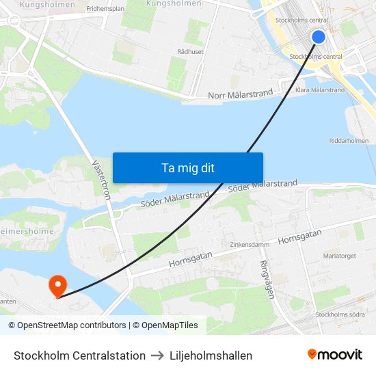 Stockholm Centralstation to Liljeholmshallen map