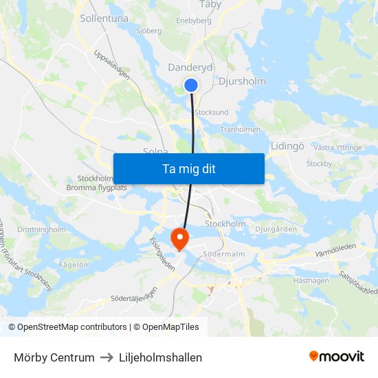 Mörby Centrum to Liljeholmshallen map