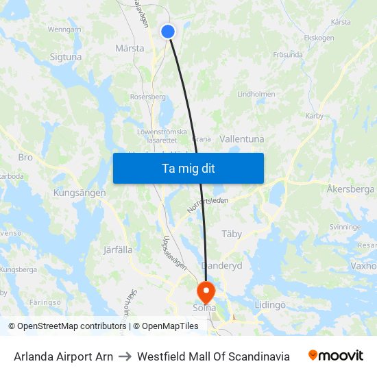 Arlanda Airport Arn to Westfield Mall Of Scandinavia map