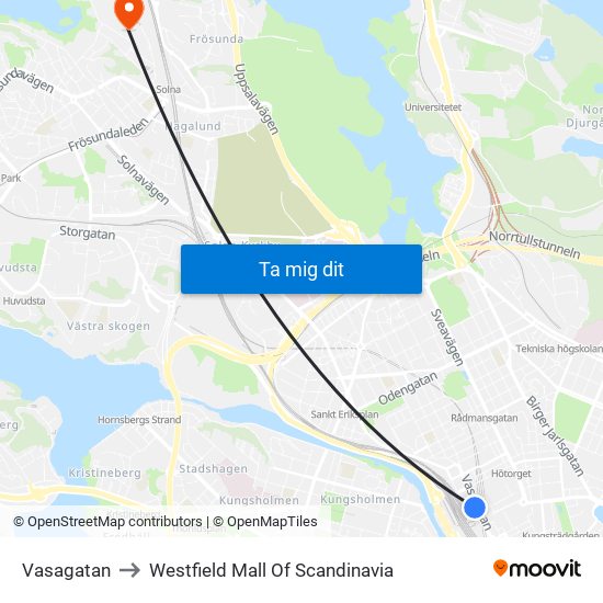 Vasagatan to Westfield Mall Of Scandinavia map