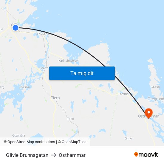 Gävle Brunnsgatan to Östhammar map