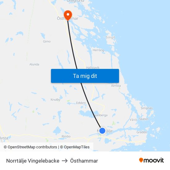 Norrtälje Vingelebacke to Östhammar map