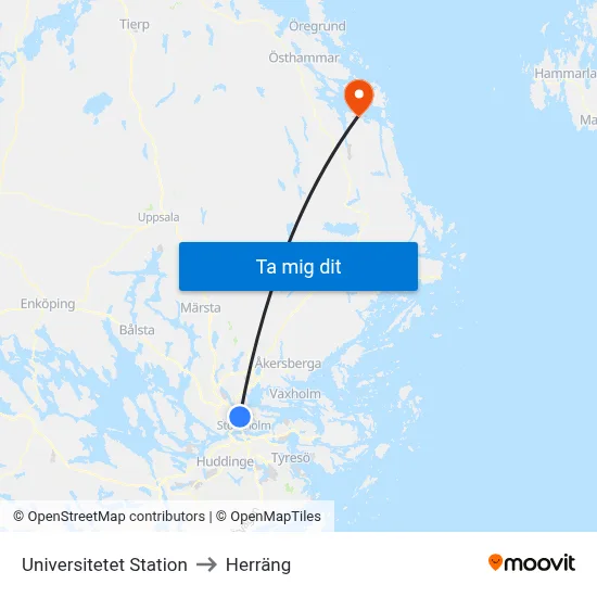 Universitetet Station to Herräng map