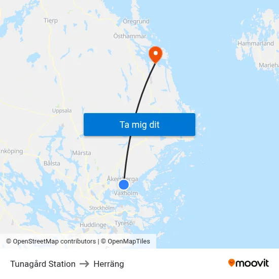 Tunagård Station to Herräng map