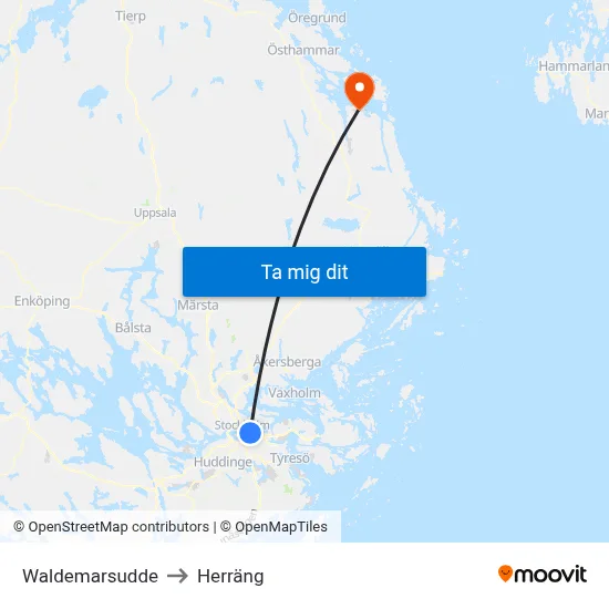 Waldemarsudde to Herräng map