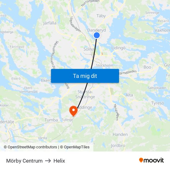 Mörby Centrum to Helix map