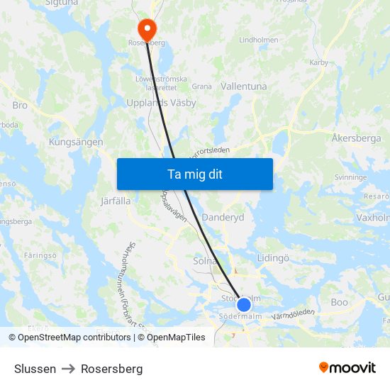 Slussen to Rosersberg map