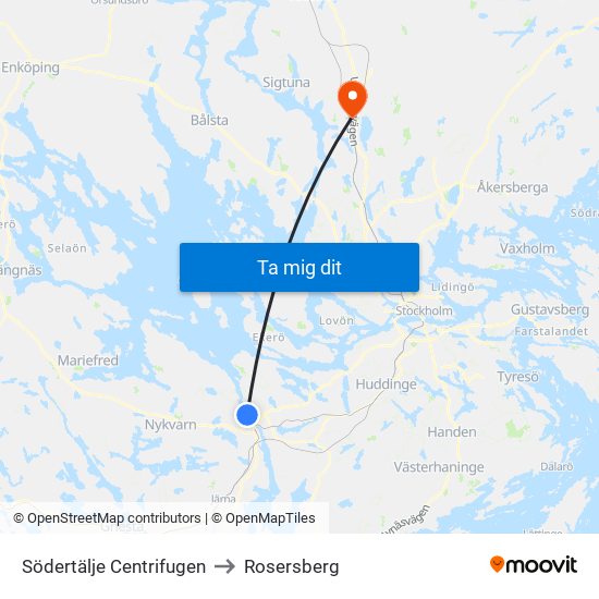 Södertälje Centrifugen to Rosersberg map