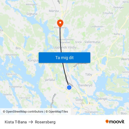 Kista T-Bana to Rosersberg map
