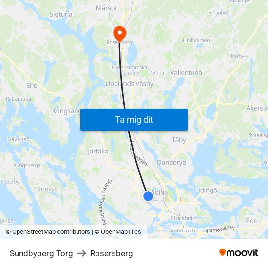 Sundbyberg Torg to Rosersberg map