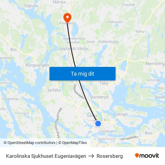 Karolinska Sjukhuset Eugeniavägen to Rosersberg map