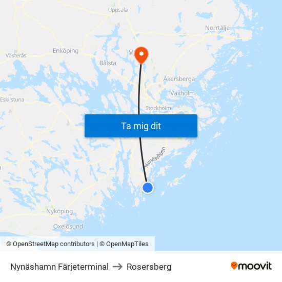 Nynäshamn Färjeterminal to Rosersberg map