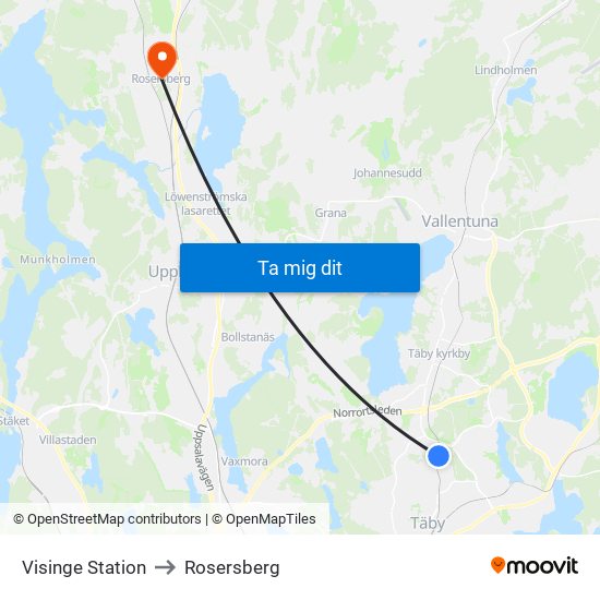 Visinge Station to Rosersberg map