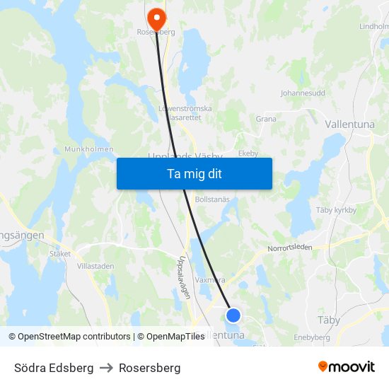 Södra Edsberg to Rosersberg map