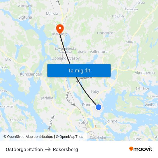 Östberga Station to Rosersberg map