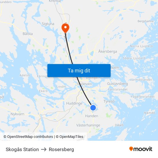 Skogås Station to Rosersberg map