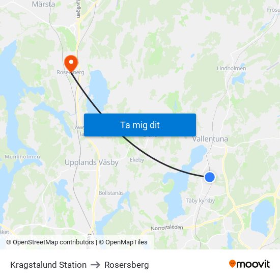 Kragstalund Station to Rosersberg map