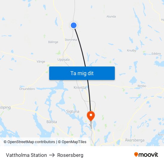 Vattholma Station to Rosersberg map