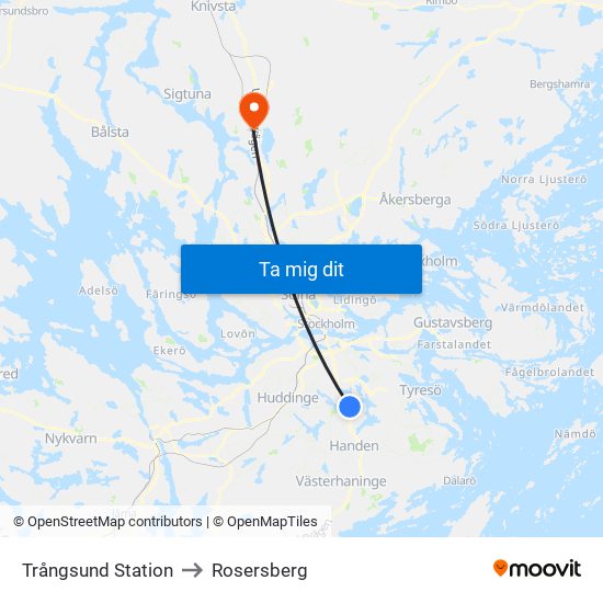 Trångsund Station to Rosersberg map