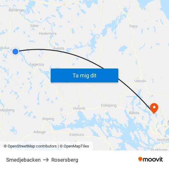 Smedjebacken to Rosersberg map