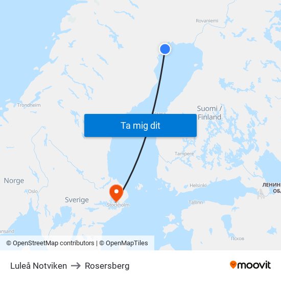 Luleå Notviken to Rosersberg map